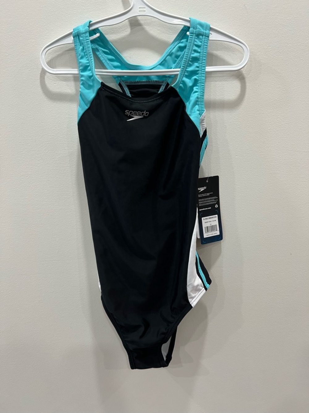 NWT Speedo One Piece Swimsuit Girls Size 10 Black Aqua Racerback UPF 50+